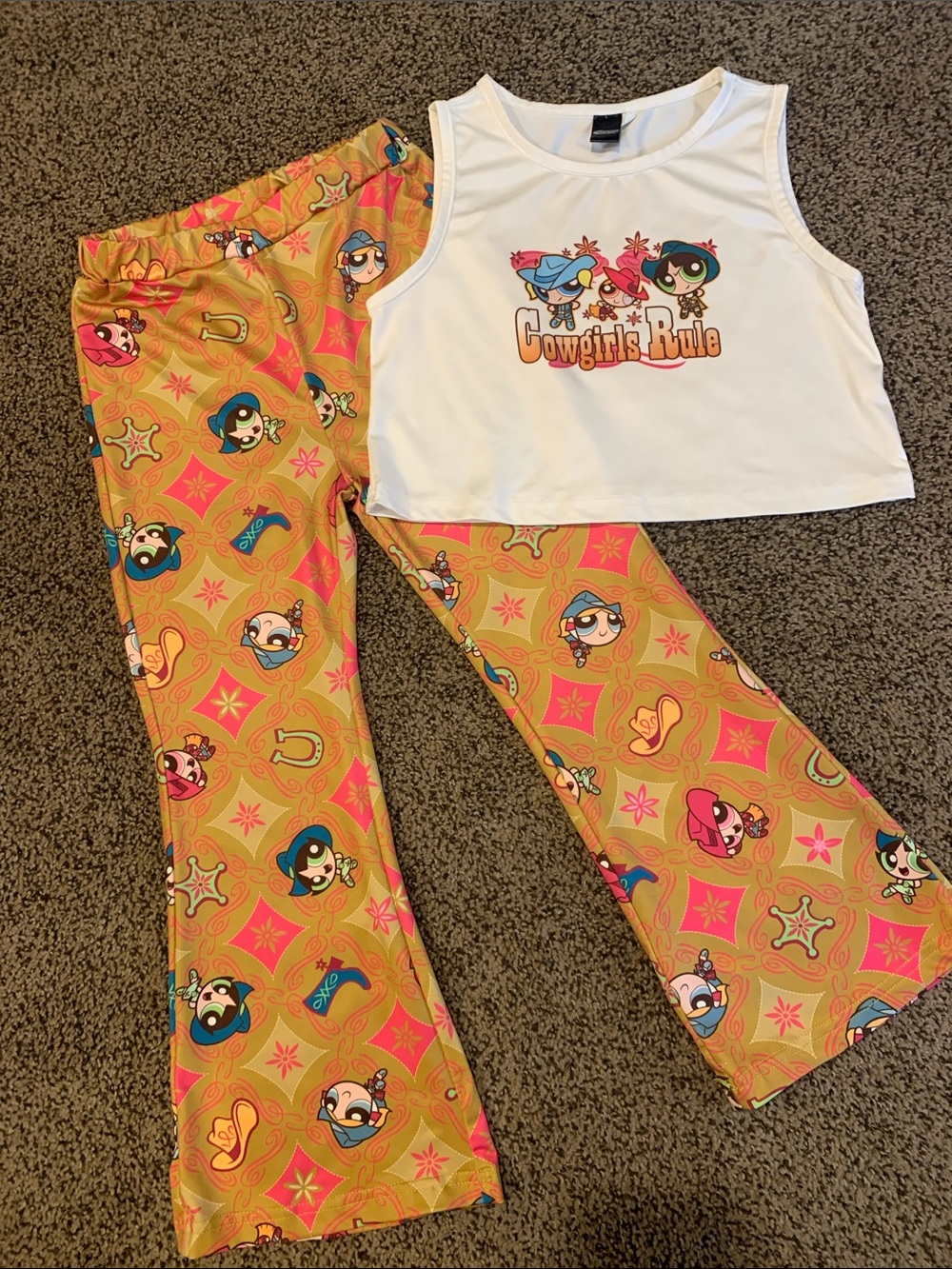 💖2/$60💖Powerpuff Girls “Cowgirls Rule” Tank & Western Print Bellbottom Pants Set